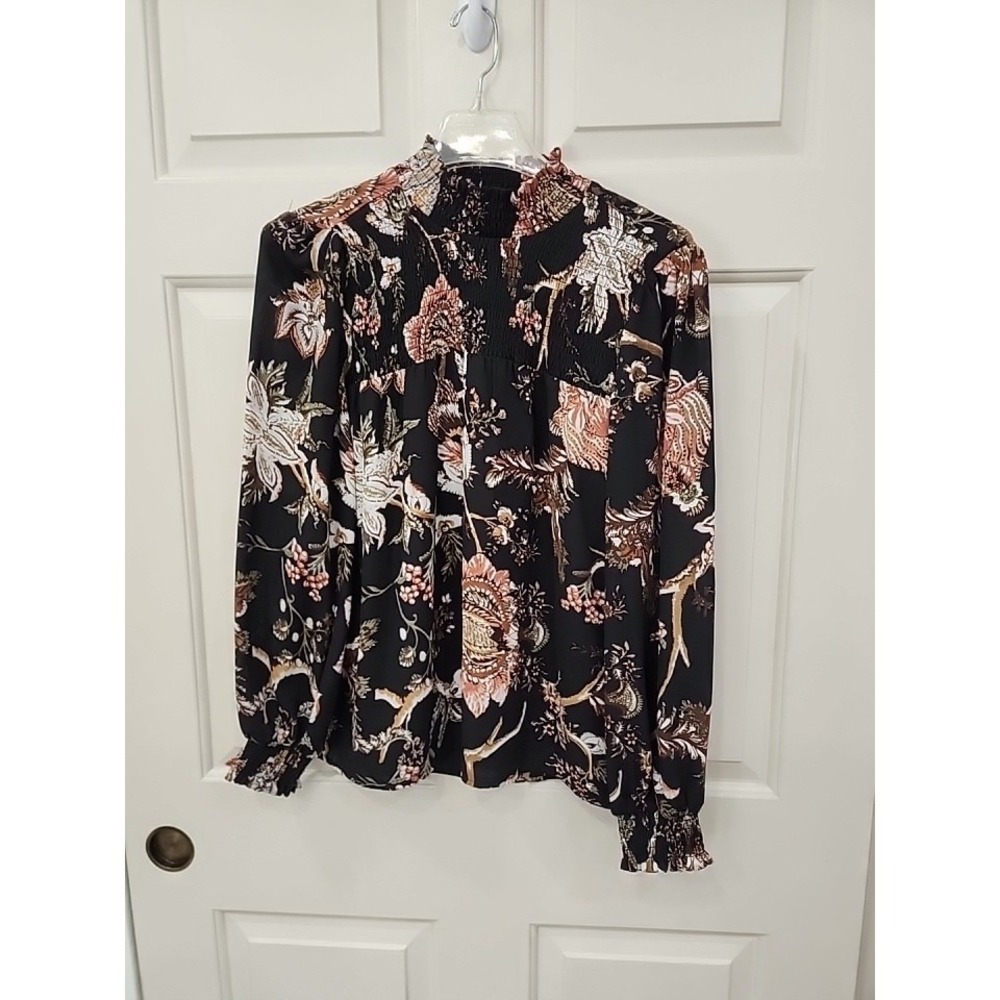 Anthropology Maison d'Amelie Women's Med Black Floral Blouse Pintuck Long Sleeve